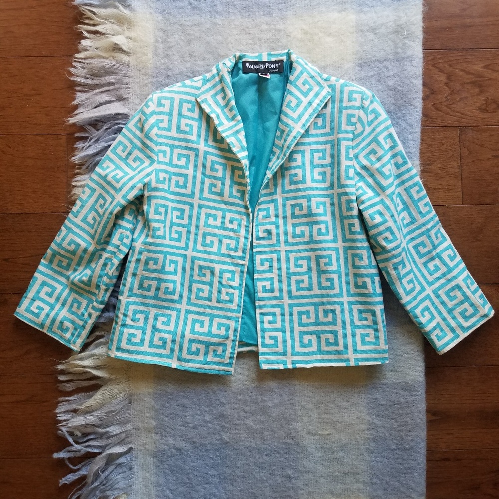 Vintage Painted Pony Greek Key Blazer Turquoise White